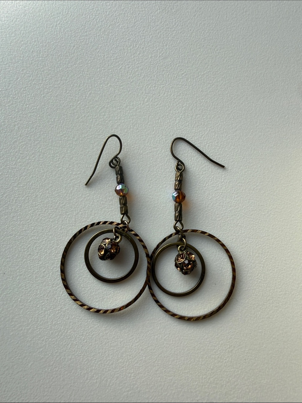 Bronze Double Hoop Dangle Earrings with Brown Crystal Accents